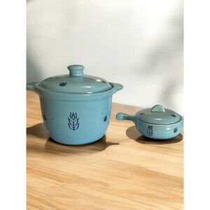 Robin Blue Lidded Crock with Cobalt Tulips 1960s Cronin Pottery